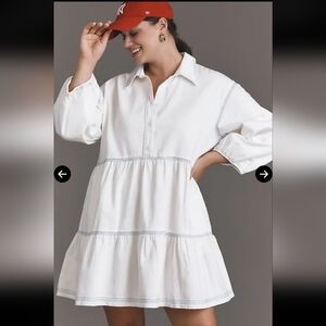 Maeve Denim Tiered Mini ShirtDress In White Sz 2X